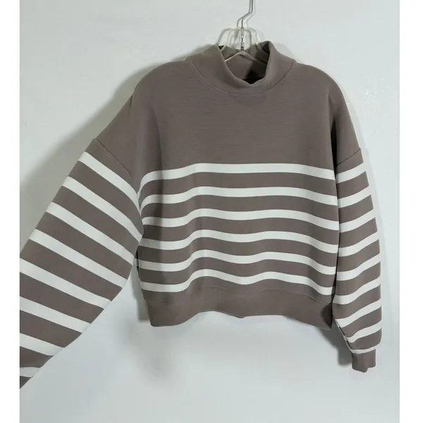 CALIA Womens M Taupe White Striped Mock Neck Cropped Pullover Sweatshirt - Image 9