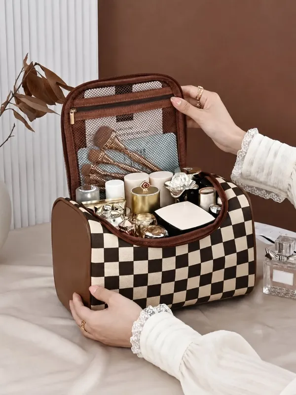 Brown Checker Faux Leather Cosmetic Makeup Bag Boxy Travel Case NWT - Image 2