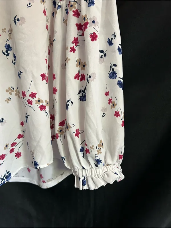 Ann Taylor White Floral Bell-Sleeve Blouse Red, Navy & Tan Print LG - Image 3