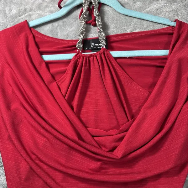 Y2K Red Halter Top Large Tie Neck Beaded Babydoll Tank Glam Embellished Date - Image 3