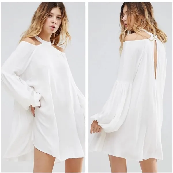 Free People Drift Away White Cold Shoulder Balloon Sleeves Tunic Dress Medium - Image 14