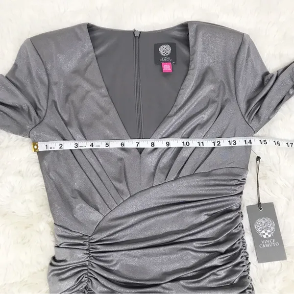 VINCE CAMUTO Silver Fitted‎ Cocktail Dress Size 2 Metallic Ruched Formal New - Image 11