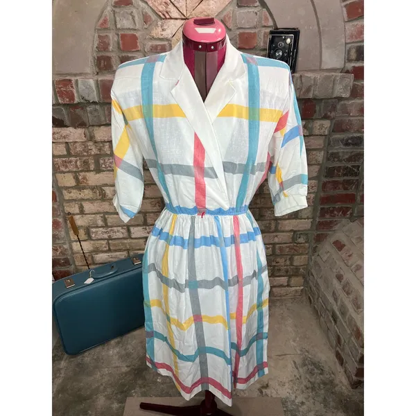 Dress Windowpane plaid shirt dress red blue yellow - Image 11