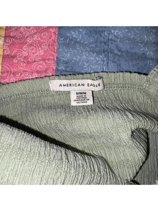 American Eagle Cropped One-Shoulder Olive Green Smocked Crop Top Woman’s Medium - Image 4