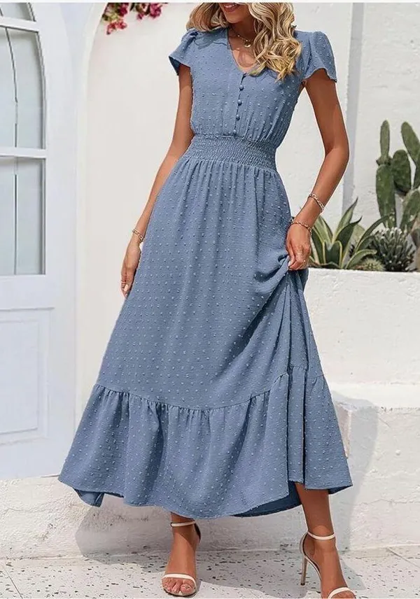 NEW Blue V Neck Swiss Dot Ruffle Tiered Maxi Dress Smocked XL - Image 2