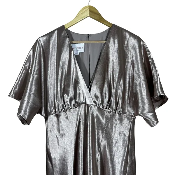 Birdy Grey Jesse Satin Maxi Dress Taupe Pink Formal Flutter Slit Size L - Image 3