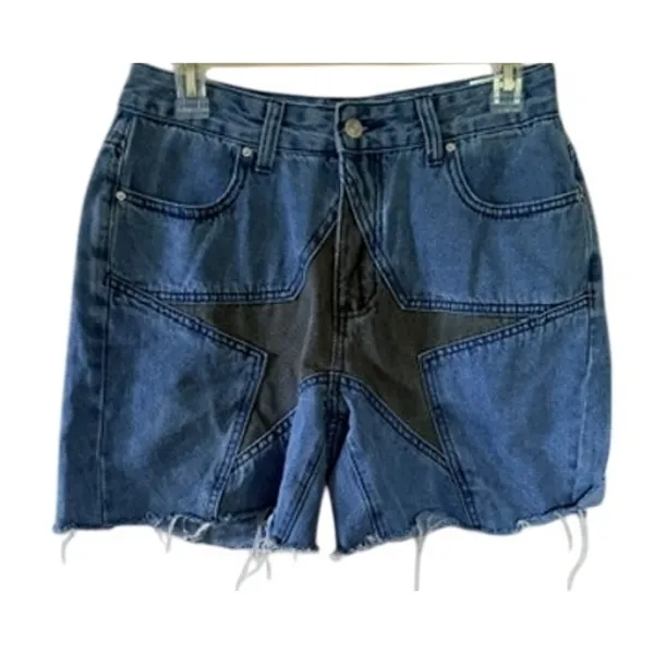 ROMWE Women’s Star Patchwork Denim Shorts Blue Raw Hem Size Medium Jorts - Image 2