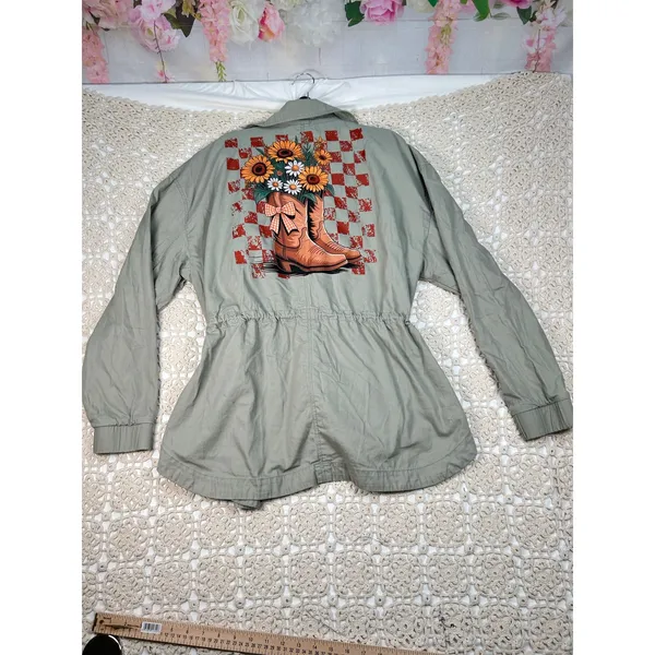 Custom Abercrombie & Fitch Utility Jacket Women’s XL Western Sunflower Boots - Image 3