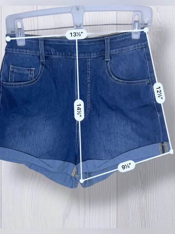HALARA Flex High Waisted Rolled Hem Denim Look Shorts | Medium Wash - Image 9