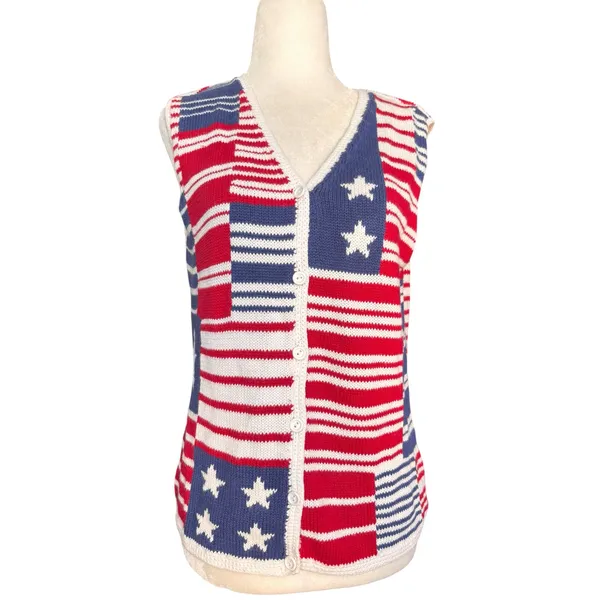 Northern Isles American‎ Flag Patchwork Knit Stripe Knit Vest Medium Patriotic - Image 6