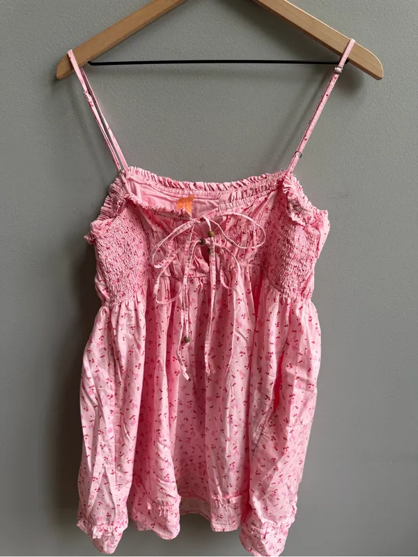 Free People Gabby Mini Dress Pink Cherry Floral Smocked Mini Sundress Medium - Image 6