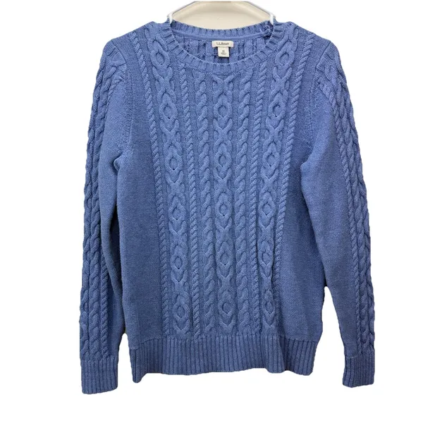 LL Bean Blue Double L Mixed Cable‎ Crew Neck Pullover Sweater Size MEDIUM - Image 4