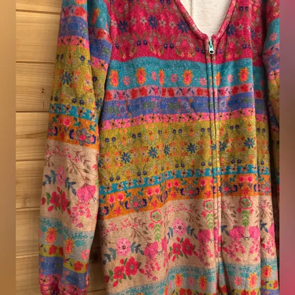 Natural Life Large Colorful Bohemian Fair Isle Print Fleece Zip Up One Piece PJ - Image 4