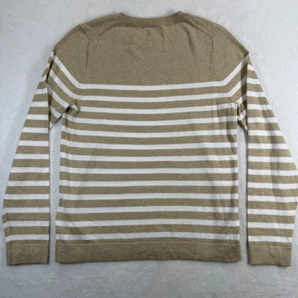 J.Crew Teddie‎ Sweater Womens Medium Tan White Striped Cotton Crewneck CG827 - Image 9