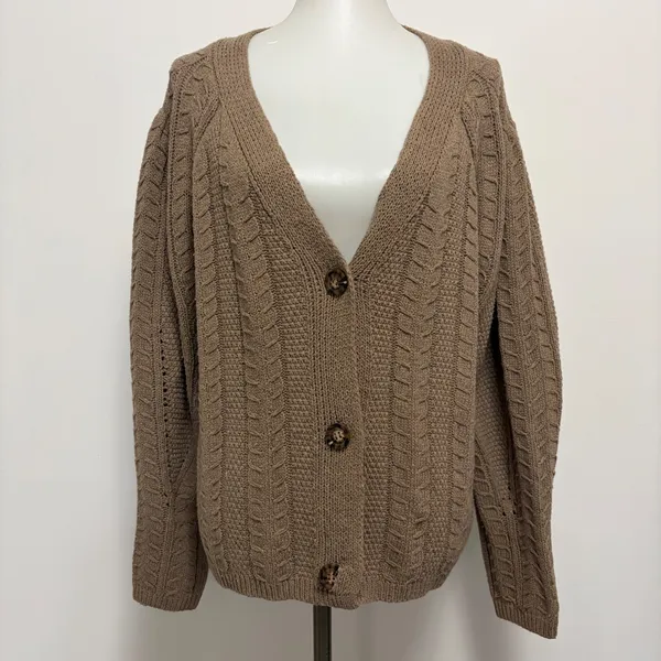 Easel Cardigan M Brown Cable Knit V-Neck Button Front Sweater ET15721 - Image 2