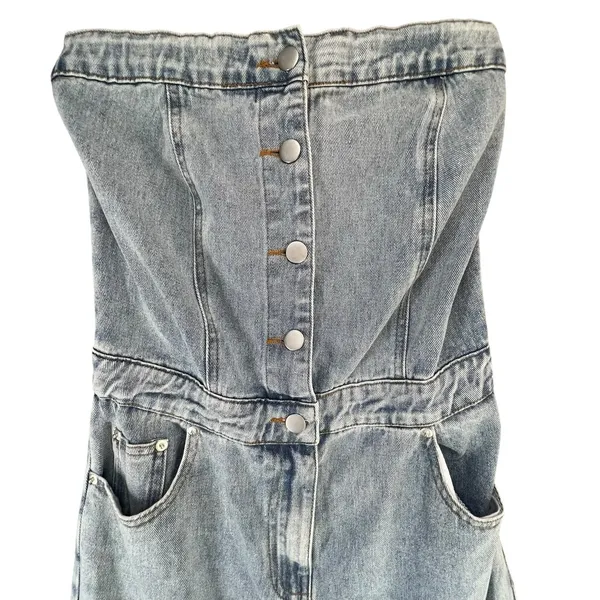 The Post Strapless Denim Jumpsuit S Light Wash Button Front Wide Leg‎ Y2K - Image 3