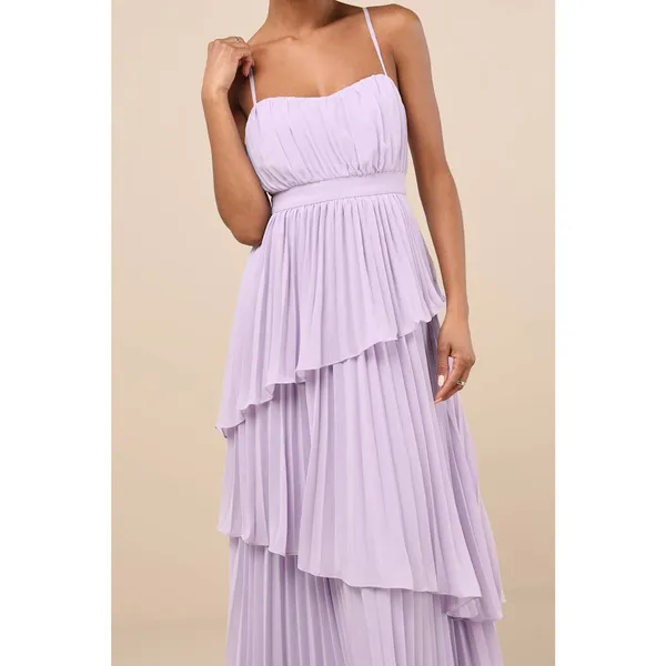 NEW Lulus Jehona Lavender Purple Pleated Chiffon Asymmetrical Tiered Maxi Dress - Image 2