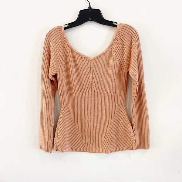BCBGMAXAZRIA Merino Wool Blend Ribbed Off Shoulder Sweater Top Blush Sz‎ M - Image 3