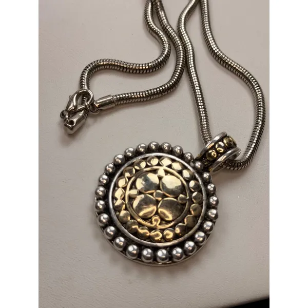 Vintage-Style Gold & Silver-Tone Pendant Necklace With Round Textured Medallion - Image 3