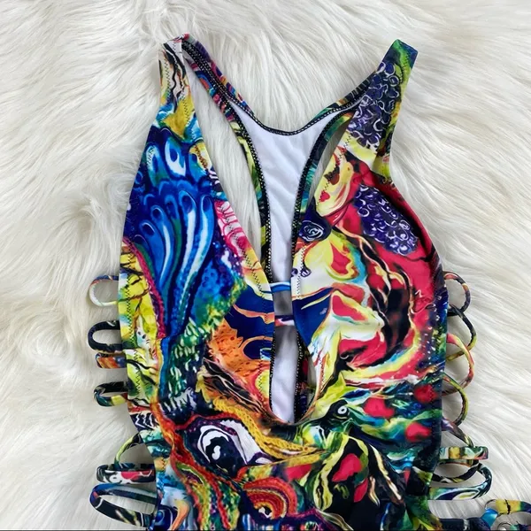 Abstract Plunging Strappy Cheeky Colorful Cutout Bathing Suit - Image 4