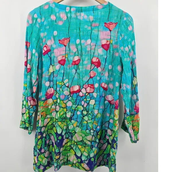 Dolcezza Tunic Womens XS 22787 Simply Art Turquoise Poppy Floral Crinkle EUC - Image 3
