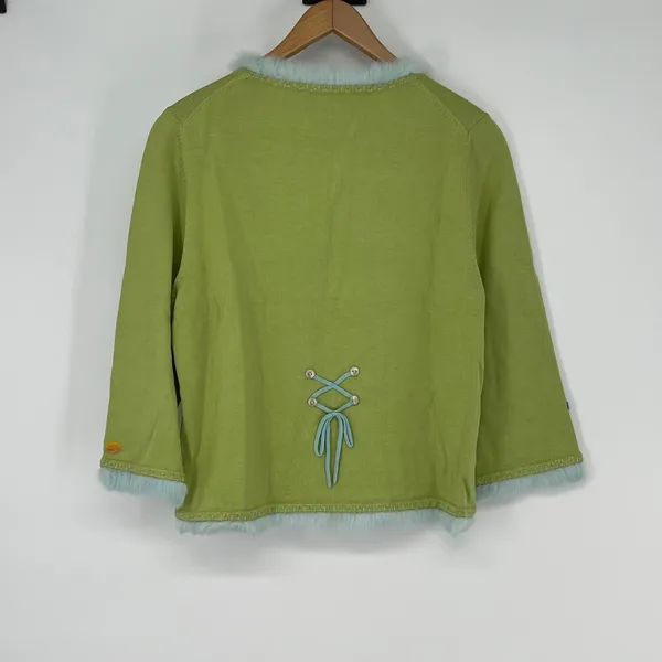Michael‎ Simon Embroidered Floral Cardigan Fur Trim Green L Vintage - Image 2