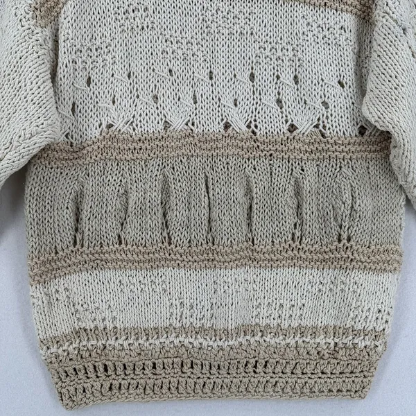 Handmade Crochet Knit Sweater Women Ivory Beige Balloon Sleeve Boho Coastal Chic - Image 4