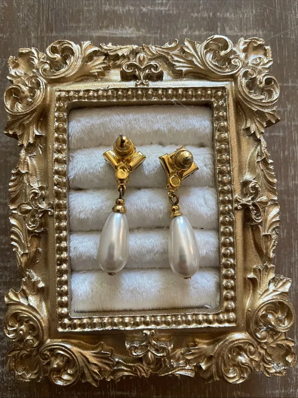 Vintage Gold-Tone Faux Pearl Drop Earrings with Crystal Accents, Pierced - Image 2