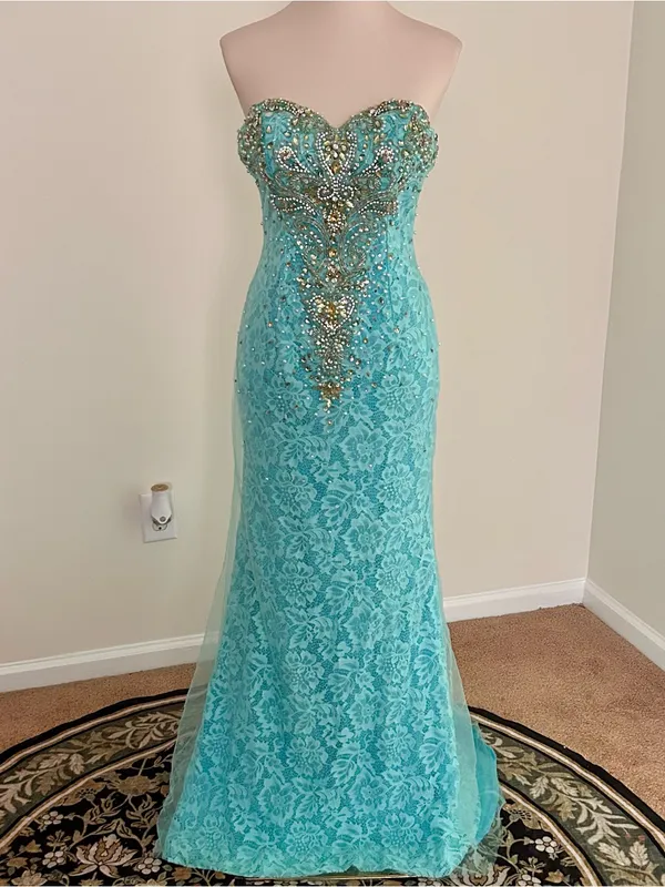 Mori Lee Turquoise Beaded Lace Mermaid Prom Dress | Size: 2-4 - Image 2