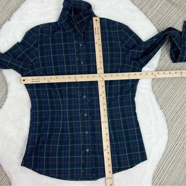 Tommy Hilfiger Plaid Ruffle Cuff Trim Button Front‎ Shirt Green Navy Medium - Image 13