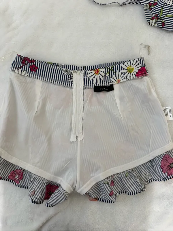 TRAC Floral Stripe Two Piece Set Ruffle Shorts & Tie Front Crop Top S - Image 9