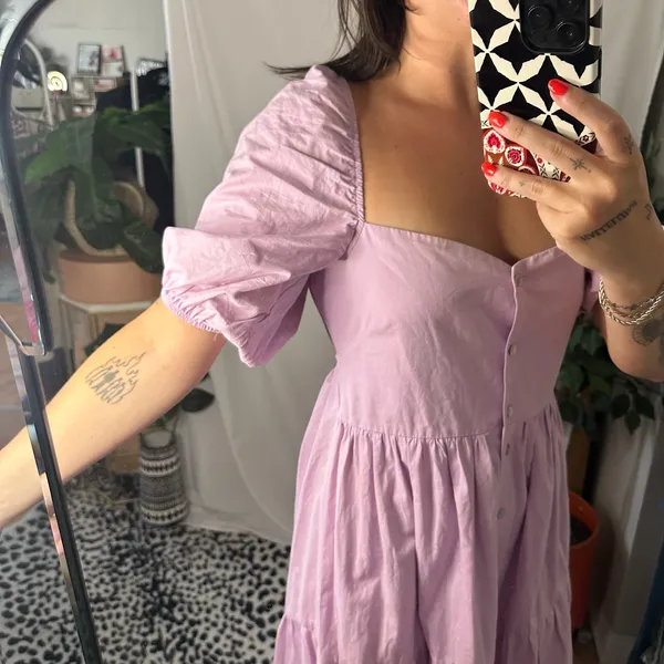 Bershka Puff Sleeve Tiered Poplin Maxi Dress Shirt Purple Size Medium - Image 4