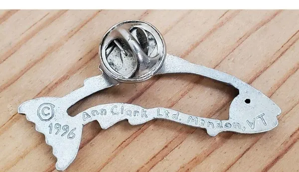 Vintage Ann Clark Vermont Brooch Salmon Trout Pewter Pinback 1996 Signed - Image 2
