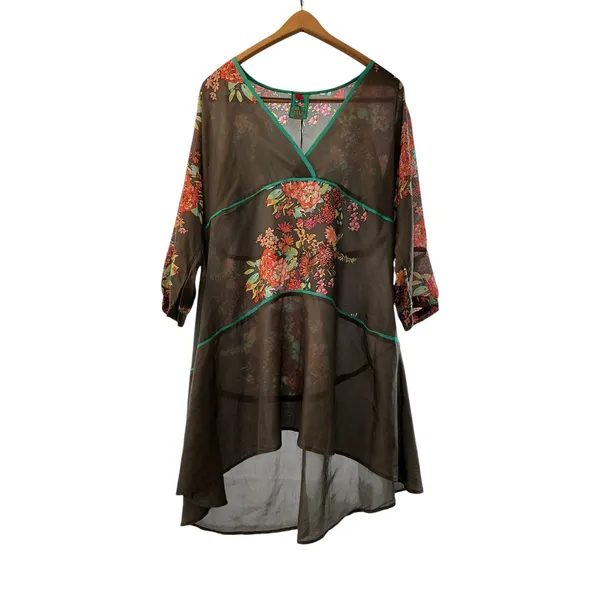 Johnny Was‎ Silk Floral High Low Tunic Top Grey Teal V-Neck 3/4 Sleeve Size M - Image 3