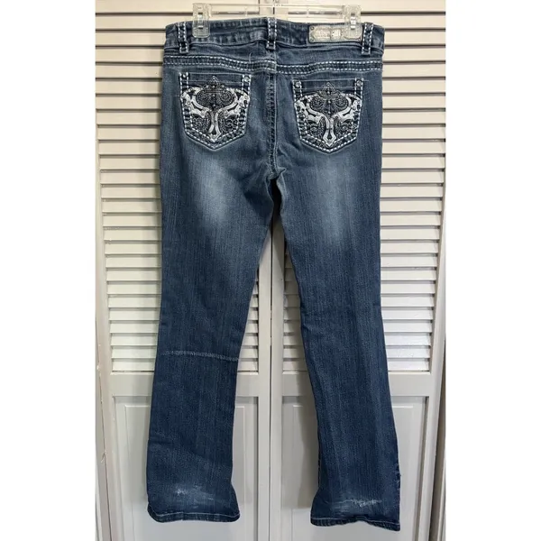 Y2K Miss Chic Low Rise Bootcut Jeans‎ Sz 9 Thick Stitch Rhinestone Embroidered - Image 5