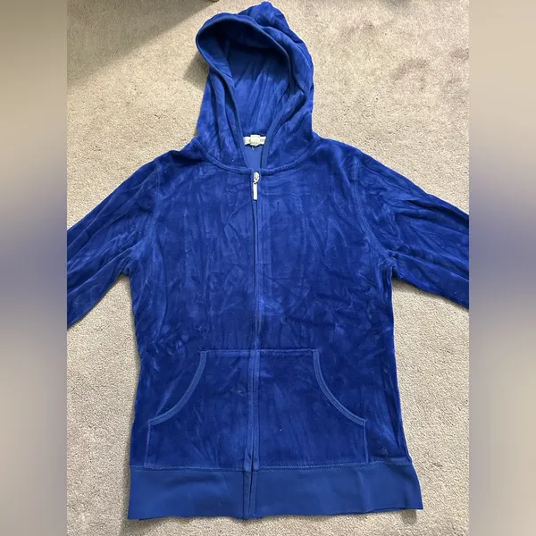 Zenana Outfitters Royal Blue Velvet Hoodie Zip Up size large - Image 2