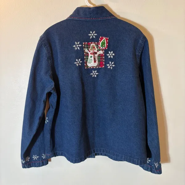 Vintage NorthCrest Blue Denim Christmas Patchwork Jacket Snowman Holiday‎ Large - Image 5