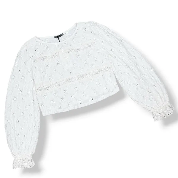 Zara Eyelet Balloon Sleeve Crop Top Shirt White Medium Cottagecore‎ Boho Country - Image 13
