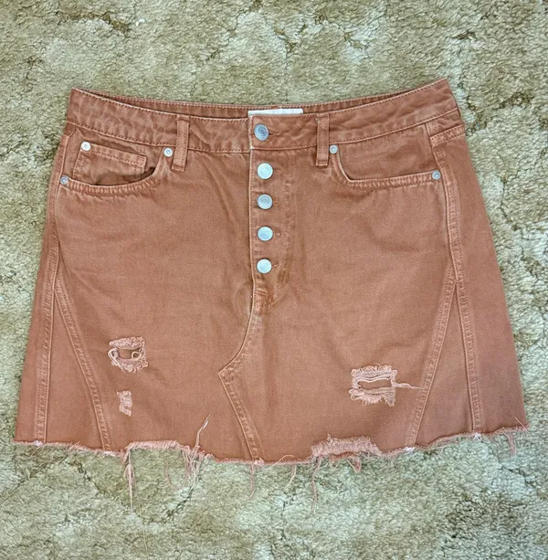 Free People We The Free Brown Distressed Denim Mini Skirt Button Front 31 - Image 4