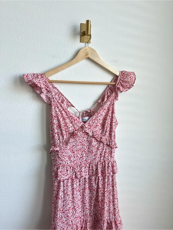 Petal + Pup Aspa Floral Tiered Midi Dress Pink Ruffle Tie Back Cotton Size 4 - Image 8