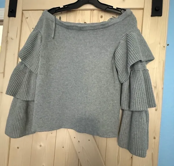 Endless Rose Off-the-Shoulder Tiered Ruffle Sleeve Sweater in Heather Grey 🩶 - Size S - Image 4