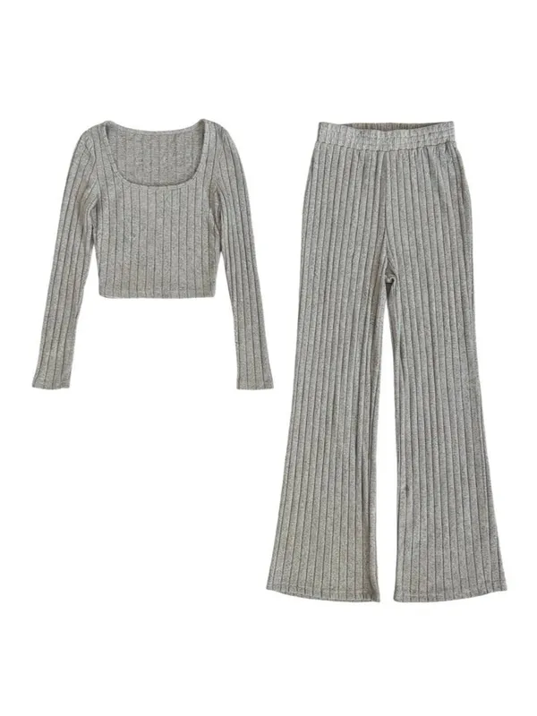 SHEIN Gray Ribbed Knit Lounge Sleep Set Crop Top + Pants Size S - Image 2