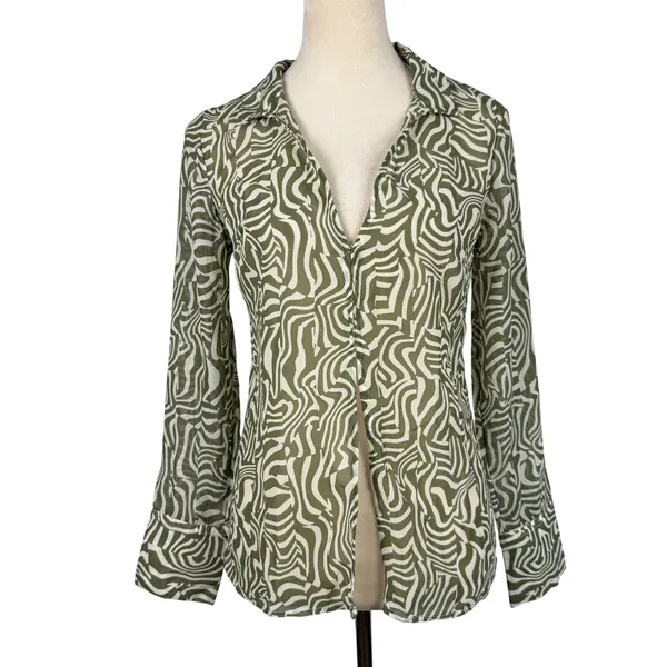 New Abercrombie & Fitch Green Sheer Long Sleeve Blouse Abstract Swirl Top Small‎ - Image 2