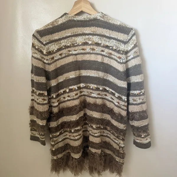 Chico's Cardigan Womens M Greta Sweater Neutral Patterned Sequin Metal Boho - Image 2