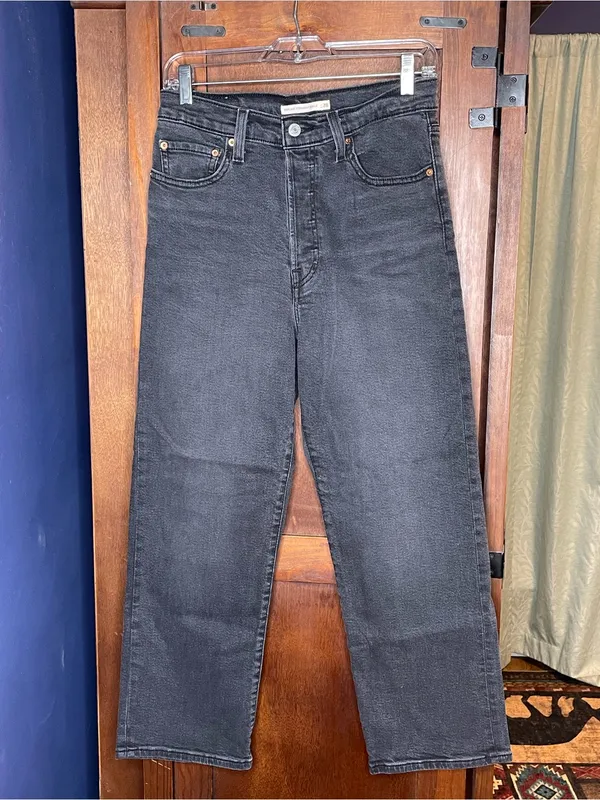 Levi's Ribcage Straight Ankle Jeans Black High Rise Stretch Cropped Denim 28 - Image 5