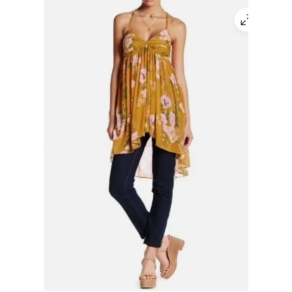 Free People Mustard Floral Halter High-Low Tunic Top XS - Image 15
