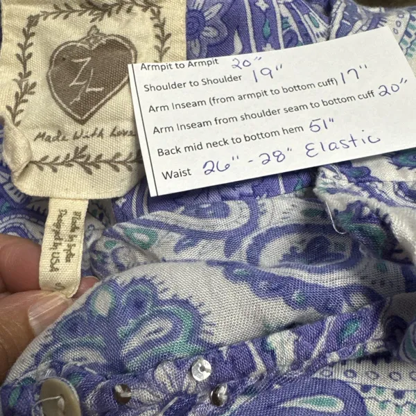 Z&L Boho Paisley Maxi Dress Small Smocked Waist Button Front Purple Green Resort - Image 12