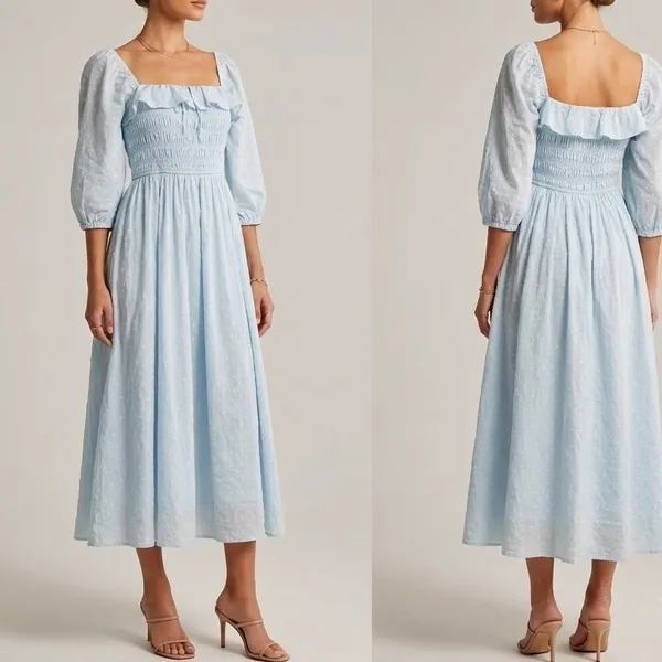 R.Vivimos Swiss Dot Smocked Maxi Dress Size Medium M‎ Light Blue Off Shoulder - Image 2