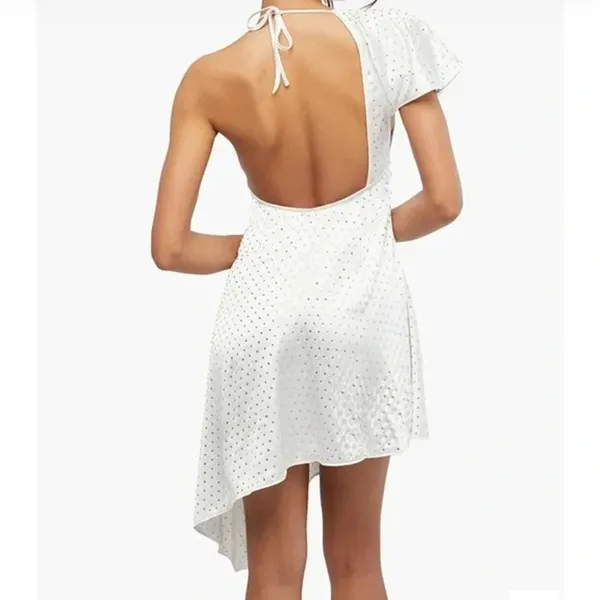 NWT We Wore What Asymmetrical Crystal Halter Tie One Shoulder Mini Dress 0 White - Image 5