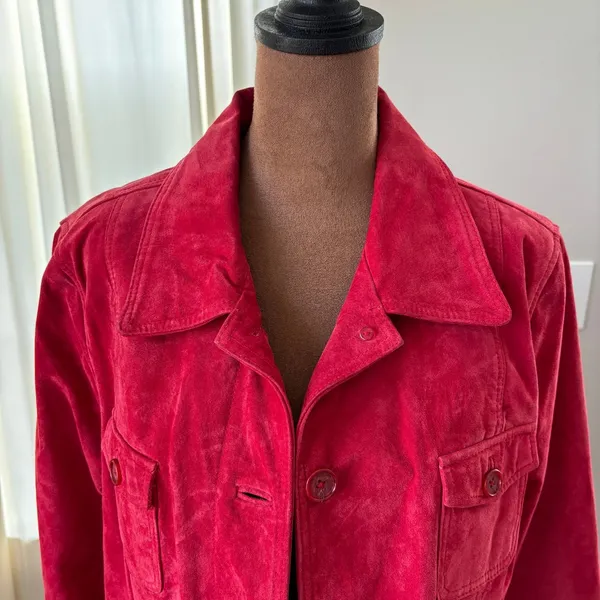 Y2K Vintage Suede Chore Jacket Deep Cherry Red Leather Coat Boho Western Utility - Image 14